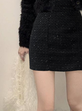 D08073日单新款GL隐形拉链松紧高腰短裙女小香风气质粗花呢半身裙