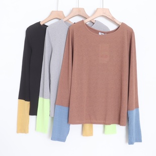 D09075日单新款 T恤 客供料圆领套头有弹性女休闲撞色垂感冰丝长袖