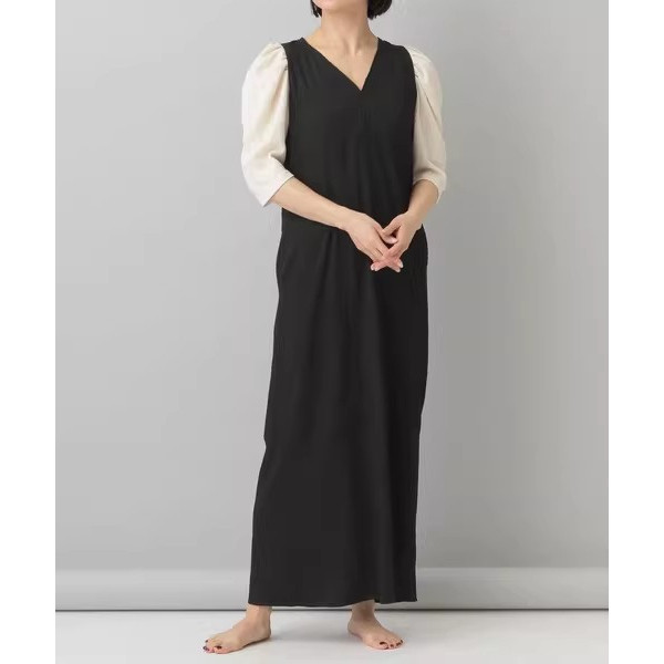 D16039日单贵牌1.1W新款V领套头微宽松长裙女泡泡袖气质连衣裙