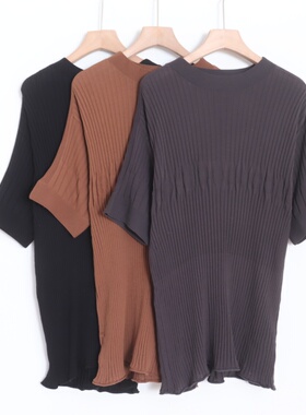 D06052日单新款圆领套头弹性好修身显瘦女气质短袖中长款纯棉毛衣