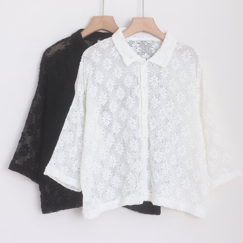 A15062日单n_k夏新款客供单排扣翻边领宽松女气质镂空七分袖衬衫