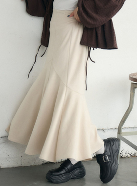 D16069日单新款后花边松紧高腰显瘦长款鱼尾裙女气质麂皮绒半身裙