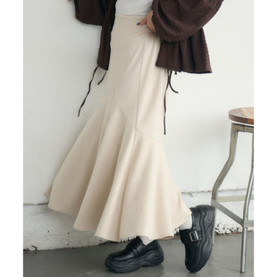 D16069日单新款后花边松紧高腰显瘦长款鱼尾裙女气质麂皮绒半身裙