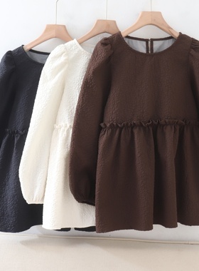 C11019日单早秋新款后纽扣圆领套头微宽松女气质中长款长袖衬衫