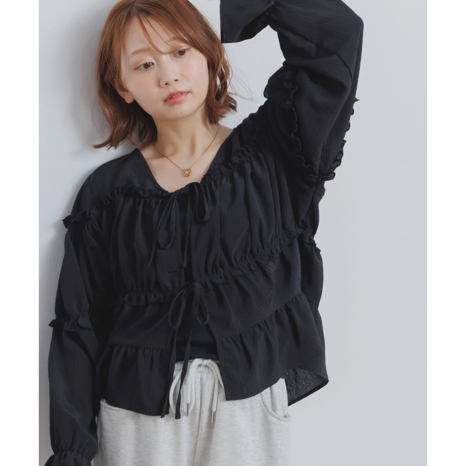 D22038日单春季新款客供料V领系带宽松显瘦女甜美花边喇叭袖衬衫