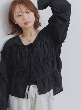 D22038日单春季新款客供料V领系带宽松显瘦女甜美花边喇叭袖衬衫