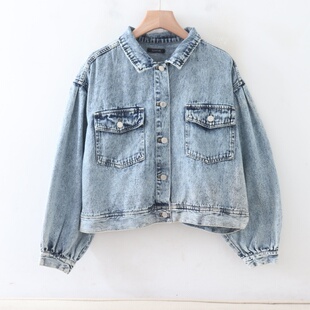 C12071日单秋新款单排扣翻边领宽松女水洗做旧纯棉牛仔短款外套