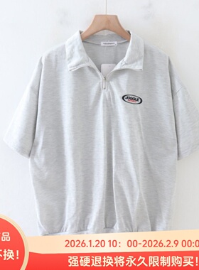 B07052日单夏新款门襟拉链套头宽松显瘦女纯色简洁休闲短袖T恤