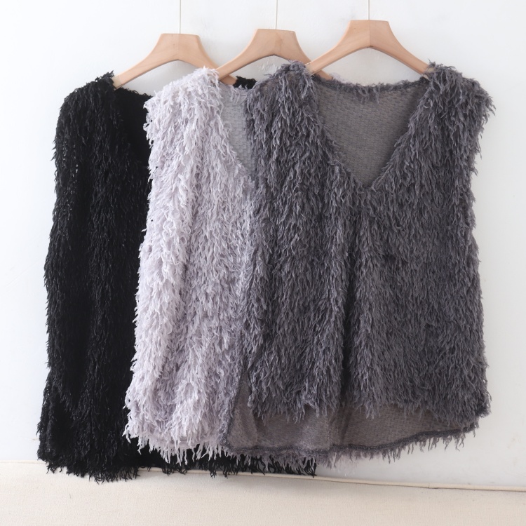 D01069日单秋新款客供料V领套头宽松保暖女纯色通勤气质毛毛马夹