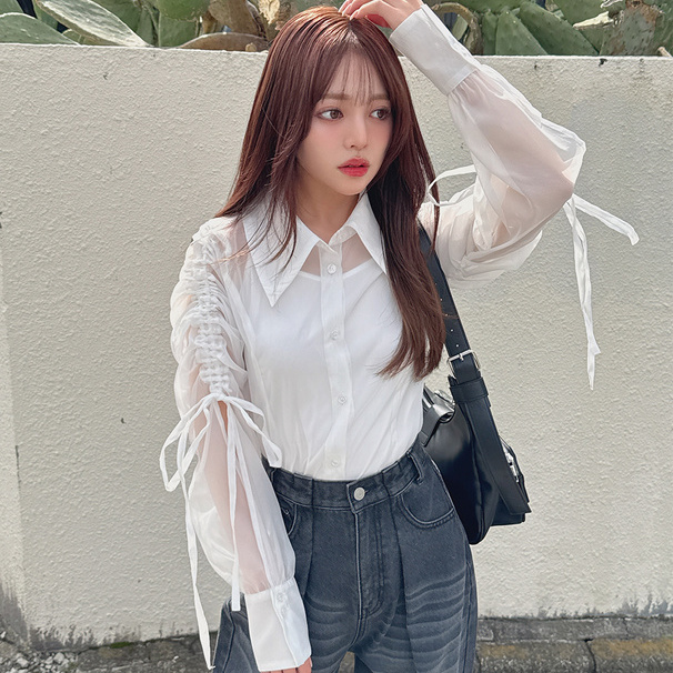A040108日单新款GL单排扣微宽松袖蝴蝶结抽绳系带女轻薄甜美衬衫