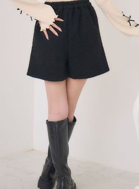 B04096日单新款客供料简洁松紧高腰显瘦A字女粗花呢纯色气质短裤