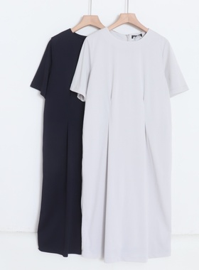 D04032日单客供料隐形拉链圆领微宽松女纯色短袖通勤气质连衣裙