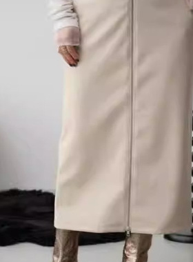 D12055日单秋冬款客供前拉链高腰显瘦H型女纯色气质PU皮长半身裙
