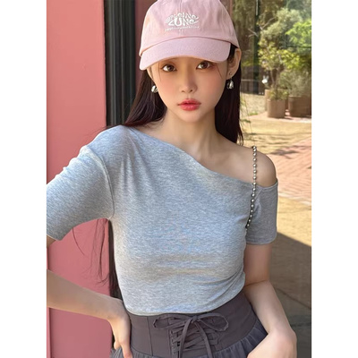 E01027日单夏甜美新款GL斜肩领套头修身女气质有弹性露肩短袖T恤