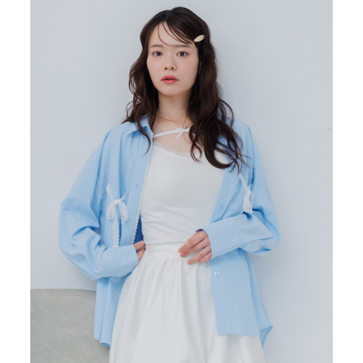 E05089日单新款客供料单排扣翻边领宽松显瘦女甜美气质蕾丝边衬衫