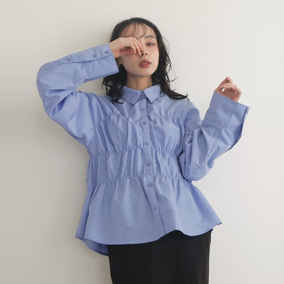 A040116日单新款客供料单排扣松紧司马克显瘦女甜美气质长袖衬衫