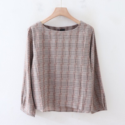 A060108日单简洁圆领套头微宽松显瘦好搭配女气质通勤格子衬衫