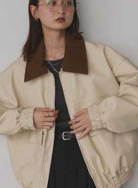 D11072日单新款灯芯绒领可脱卸拆拉链宽松女纯色休闲PU皮衣外套