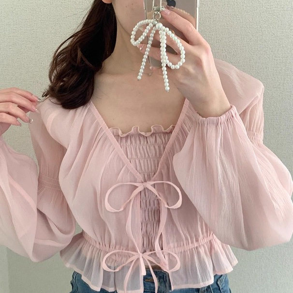 D08028日单新款GL花边弹力松紧甜美吊带背心+系带甜美衬衫两件套