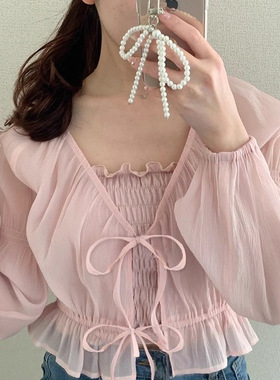 D08028日单新款GL花边弹力松紧甜美吊带背心+系带甜美衬衫两件套