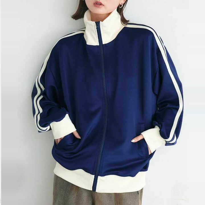 P07095日单新款简洁客供料螺纹领拉链宽松显瘦女学院风休闲外套