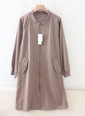 C11030日单早秋款客供料螺纹领拉链宽松休闲女纯色通勤中长款外套