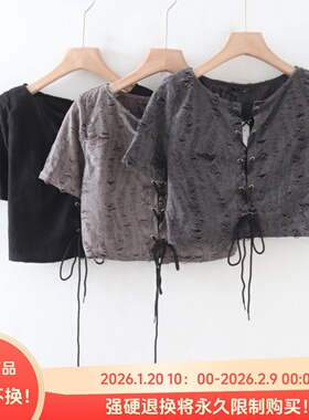 C06072日单新款客供料抽绳绑带微宽松显瘦女纯色休闲破洞短款T恤