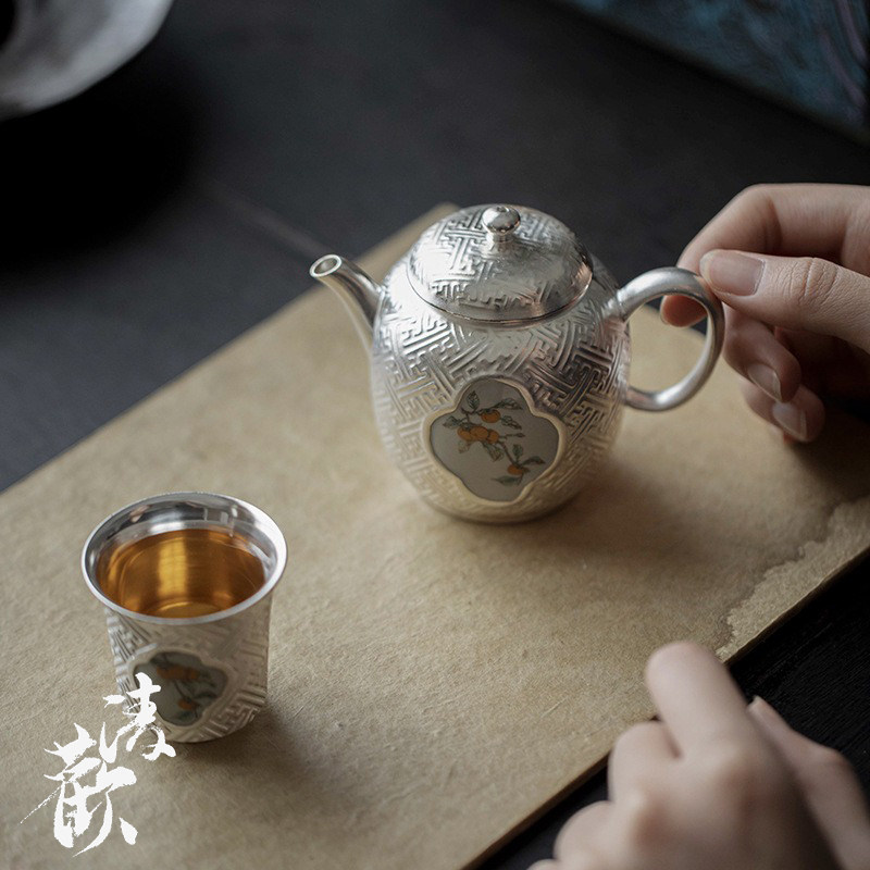 清欢丨999纯银鎏银柿柿如意一壶一杯茶具套装 送长辈领导商务茶礼