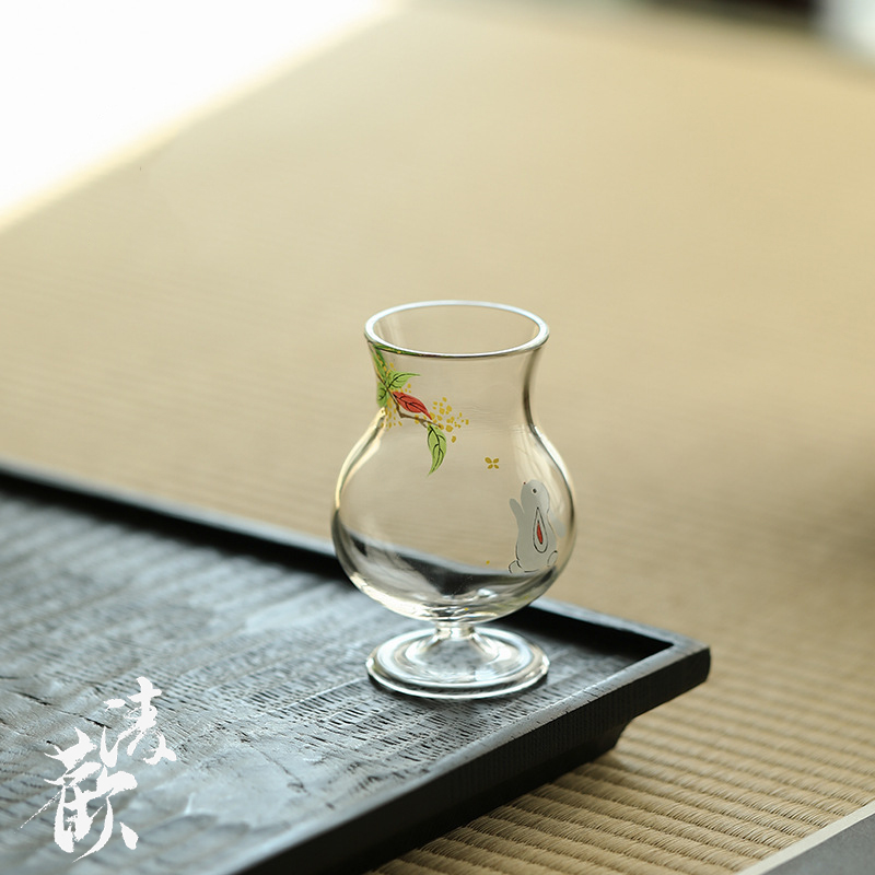 清欢丨手工贴花桂花玻璃高脚茶杯高透茶具主人杯高足品茗杯闻香杯