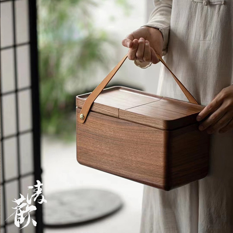 清欢丨胡桃木桌面收柜盒 便携式旅行茶具盒实木 客厅杯子储物盒