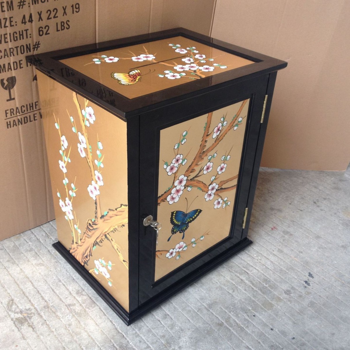 至高美捐带锁款箱储钱箱金箔彩绘家具出口韩国寺庙专用蝴蝶梅花柜