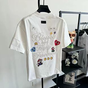 夏季新款爱心马里奥珍珠刺绣短袖T恤男女宽松潮牌情侣同款上衣