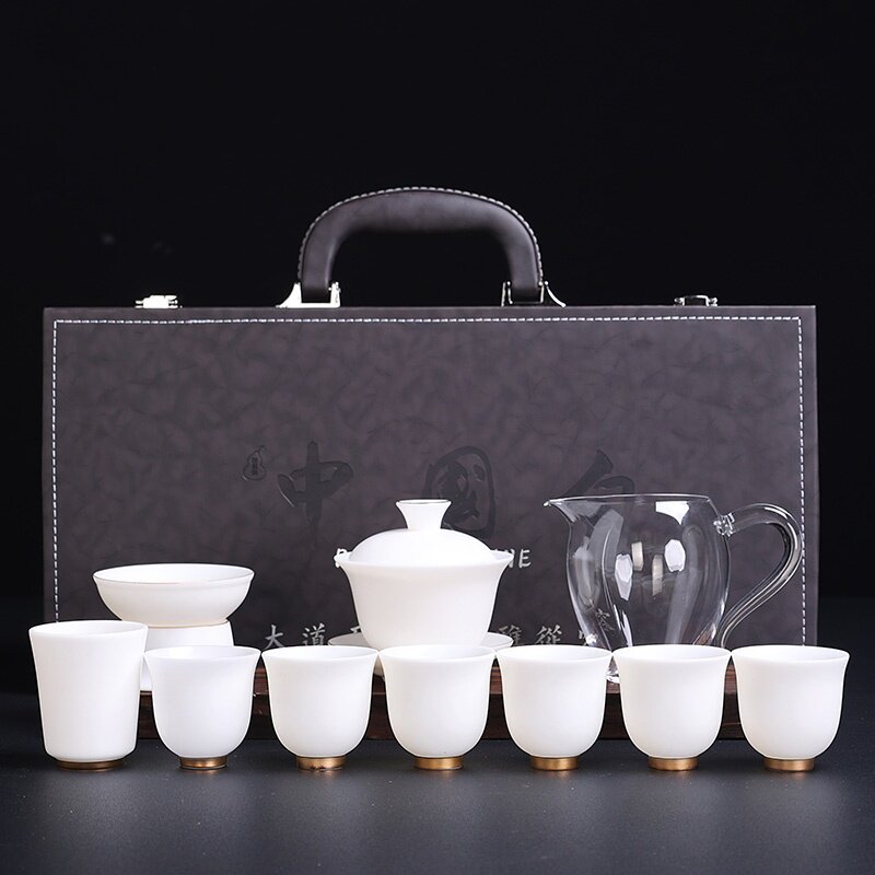 万品香羊脂玉白瓷茶具套装家用德化盖碗客厅办公茶杯陶瓷泡茶小型