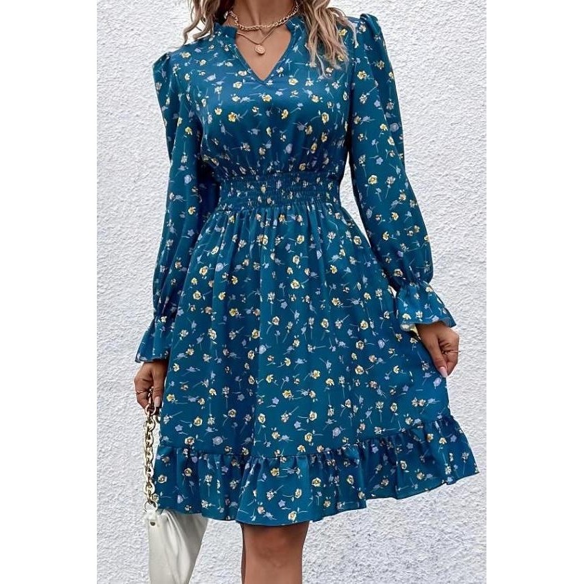 亚马逊秋冬跨境欧美女装亚马逊收腰新款碎花长袖连衣裙收腰气质群