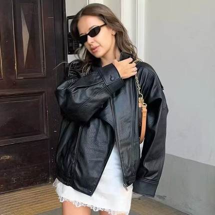 跨境欧美女装ZA秋冬新款时尚百搭长袖立领皮衣夹克外套