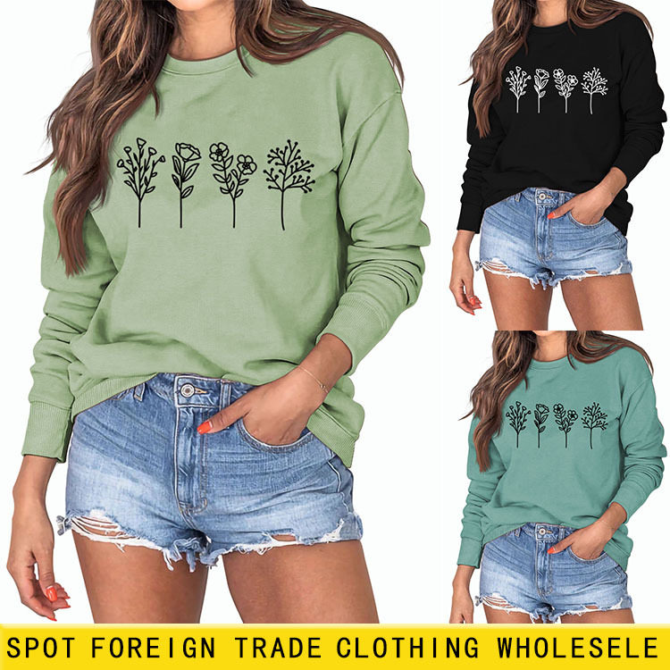 亚马逊wish跨境女士圆领秋冬女装外贸欧美四朵花印花休闲长袖卫衣