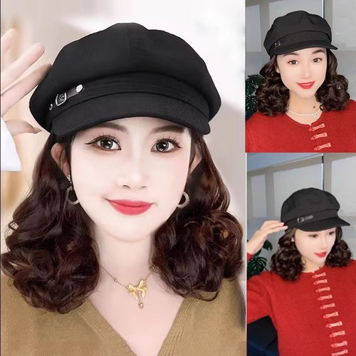 大头围帽子假发女全头套时尚减龄八角贝雷帽慵懒卷发一体仿真