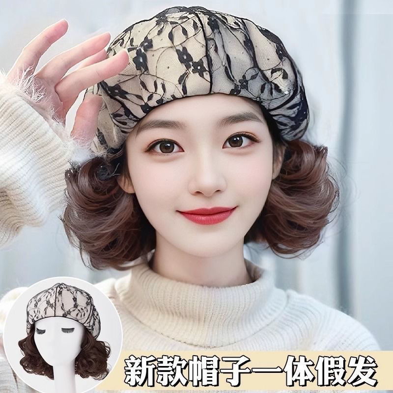 帽子假发女一体满钻蕾丝贝雷帽新款卷发时尚减龄洋气新款百搭头套