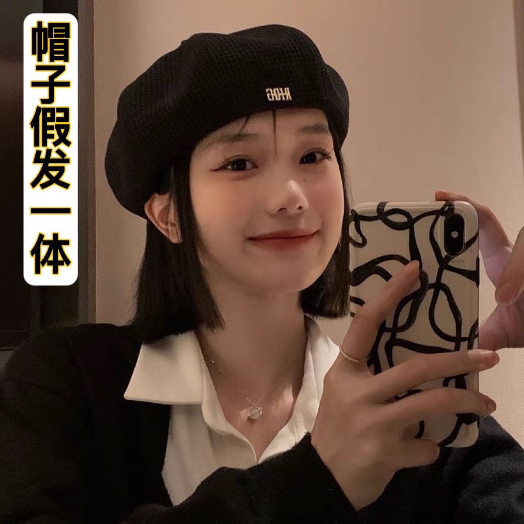 2023新款帽子假发一体短发黑色贝雷帽女秋冬大头围蓓蕾画家帽假发
