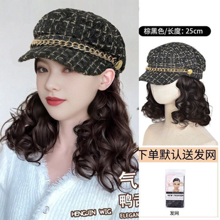 帽子假发一体女时尚秋冬新款小香风八角帽短发锁骨发全头套假发帽