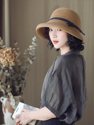 帽子假发一体式赫本风遮阳草帽女复古可叠盆帽渔夫帽子简约太阳帽