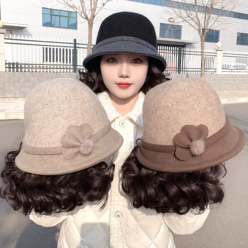 帽子假发一体秋冬新款加厚羊毛呢渔夫帽慵懒卷洋气减龄短卷发头套