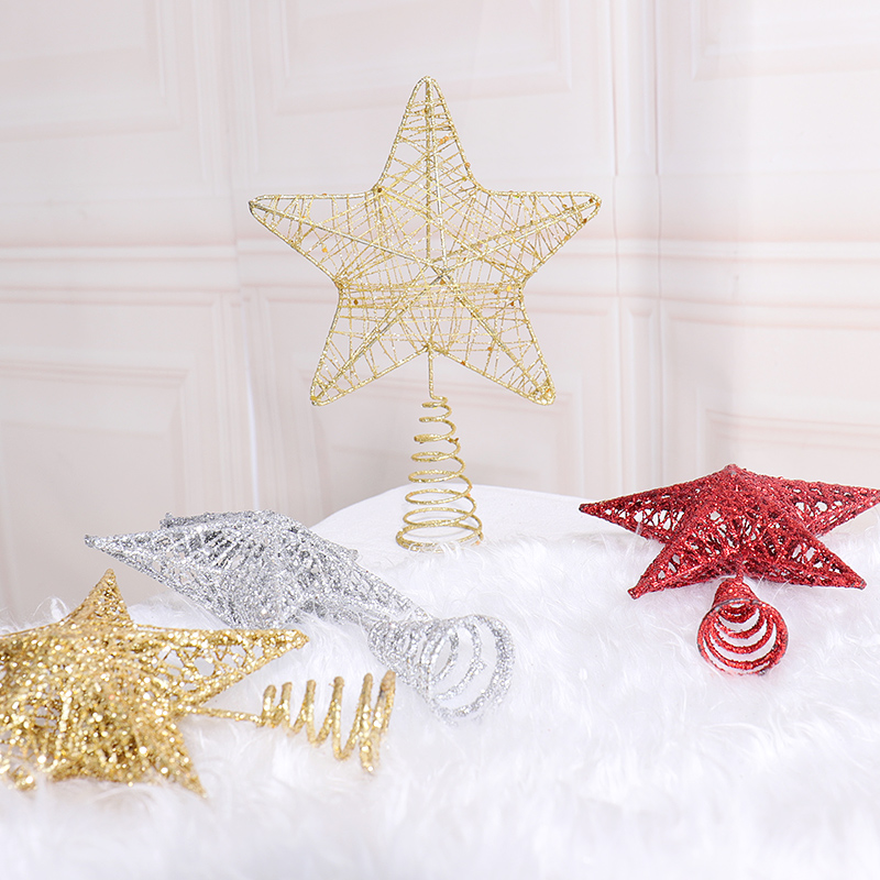 圣诞树顶星五角星金银色15/20/30cm立体铁艺圣诞树红配件外贸新款