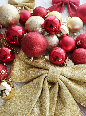 圣诞节红色装饰配件圣诞树球金色蝴蝶结挂饰亮撒粉挂球小配件彩球