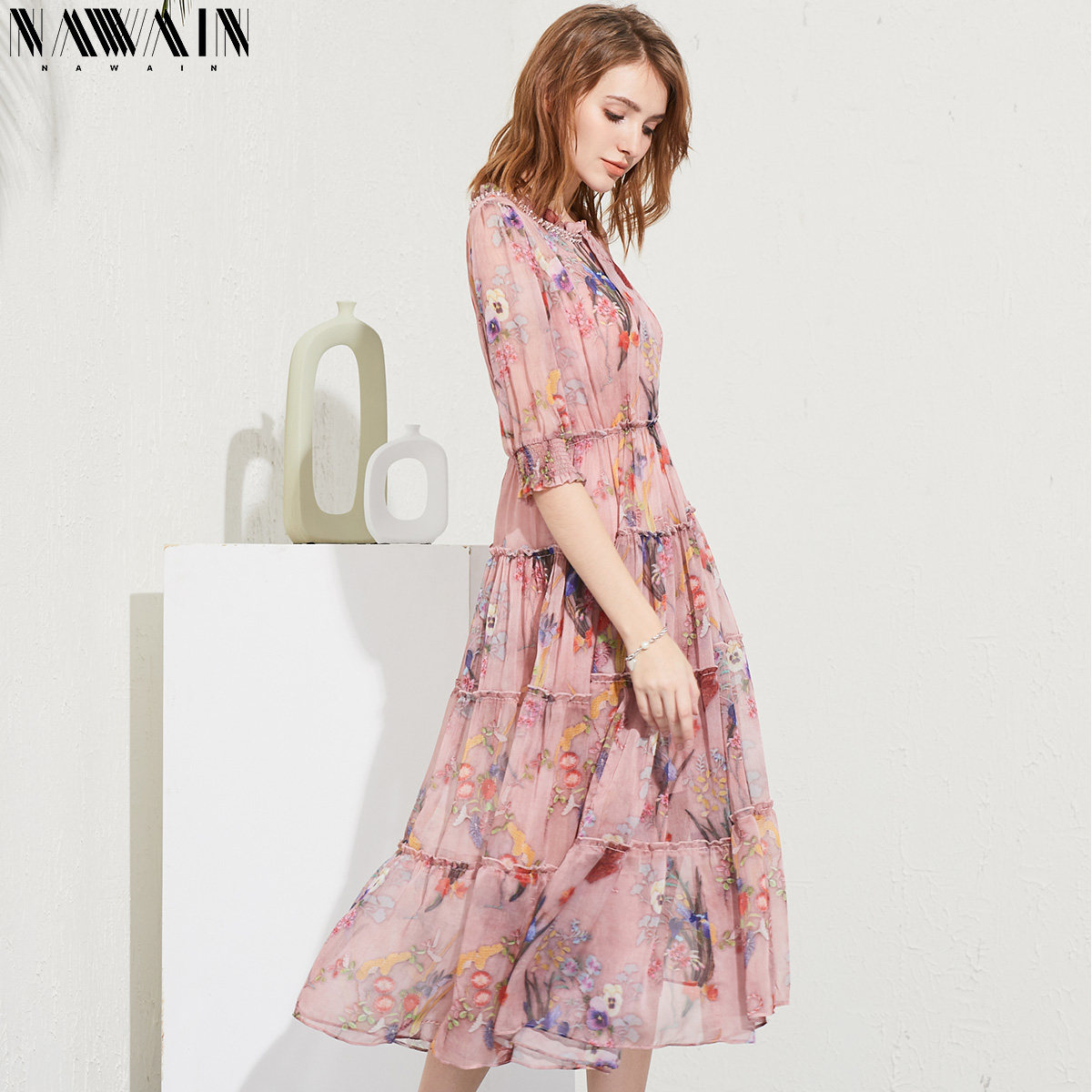 NAWain/纳纹碎花连衣裙女夏新装木耳边长款印花雪纺仙女连衣裙子