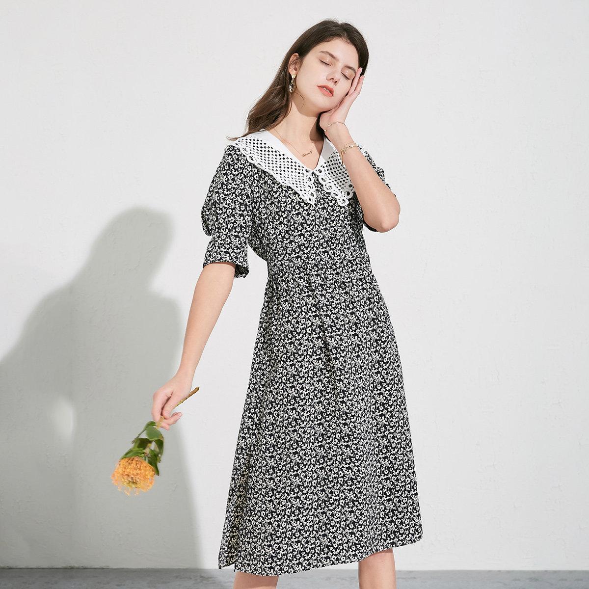 NAWain/纳纹连衣裙女2020新款夏季翻领显瘦裙子女法式小碎花长裙