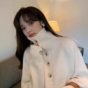 法式Two Wishes白色高领毛衣女冬加厚宽松外穿中长款针织连衣裙