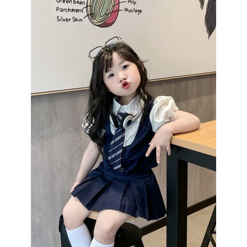 女童学院风套装夏季儿童jk百褶短裙宝宝白色翻领衬衫领带马甲洋气