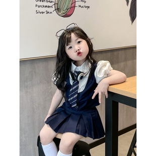 女童学院风套装夏季儿童jk百褶短裙宝宝白色翻领衬衫领带马甲洋气