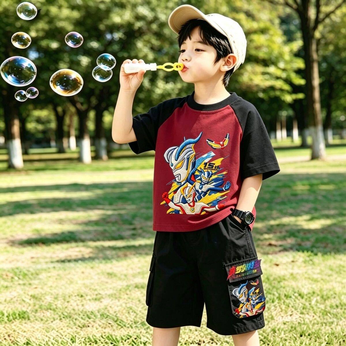 赛罗奥特曼男童夏季新款短袖T恤套装儿童工装短裤洋气百搭上衣潮t